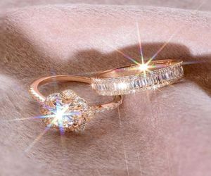 Bagues de mariage Ramos Femme 925 Silver Color Crystal Zircon Ring Set Vintage Rose Gold For Women Flower Bridal Engagement1894101