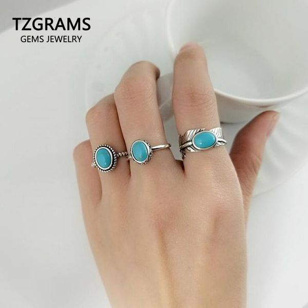 Anneaux de mariage véritable pur argent sterling 925 pour les femmes avec pierre turquoise Type d'ouverture vintage feuille forme ovale bijoux turcs 230802