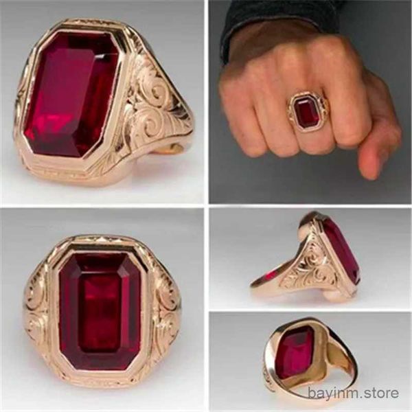 Anneaux de mariage Red Crystal Rose Gold Anneaux pour hommes Punk Party Vintage Femmes Hand Gravure Anneau de mariage Bijoux Anniversaire Gift Mens Bijoux