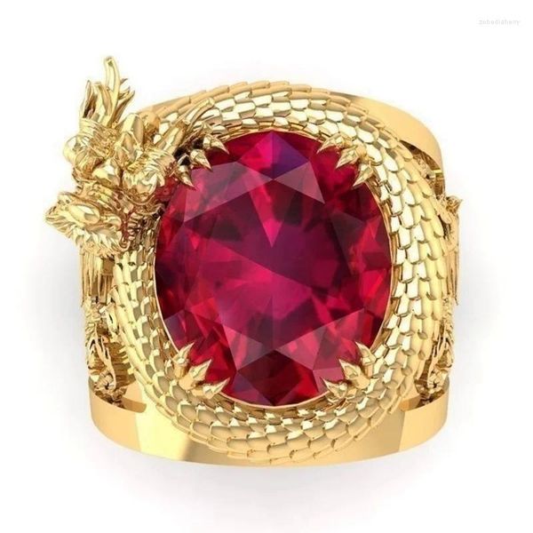 Anillos de boda Piedra roja Noble Fiesta Dedo Masculino Moda Lujo Color Oro Dragón Patrón Hombres Incrustaciones Gran Joyería Ovalada