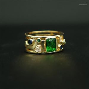 Anneaux de mariage Rétro Motif Géométrique Bague Femme Bijoux En Cuivre Haute Qualité Galvanoplastie Vintage Or Incrusté Vert Zircon Dames R