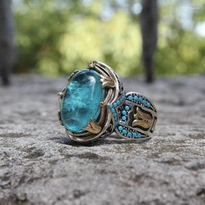 Trouwringen Retro Handgemaakte Turkse Ring Voor Mannen Vintage Ingelegd Zeeblauw Zirkoon Punk Trendy Islamitische Religieuze Moslim Sieraden