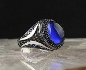 Anneaux de mariage Signet turc à la main rétro pour hommes femmes anciennes couleurs argentées anneau sculpté en bleu zircon punk moteur Biker4185537