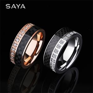 Fedi nuziali Anello per uomo Donna Tungsten Engagement Band Inlay Fibra di carbonio nera e pietre CZ lucide Personalizzate 220912