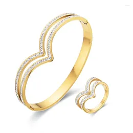 Anneaux de mariage romantique double coeur manchette bracelets à la mode en acier inoxydable bracelets en métal brillant zircon pour les femmes plaqué or bague ensemble de bijoux