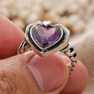 Anneaux de mariage romantique amour coeur violet cristal rétro thaïlandais argent femme cadeaux ne se fanent jamais bijoux pour femmes