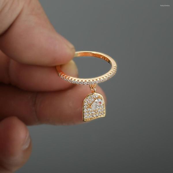 Anillos de boda Rongxing coreano geométrico cristal colgante anillo apilamiento minimalista delgado para mujeres color plata rosa oro circón