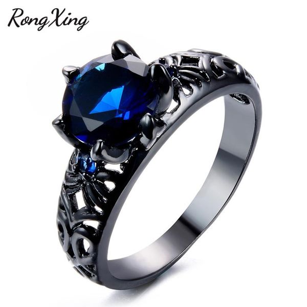 Anillos de boda RongXing Retro Flower Blue Cubic Zirconia para Mujeres Hombres Vintage Black Gold Filled Birthstone Ring Jewelry RB1360