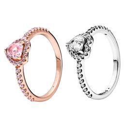 Wedding Rings Rose Gold Pink Stone verhoogde liefde Hart Originele doos Set voor Pandora Real 925 Sier CZ Diamond Women Ring Drop Lever Dhxrl