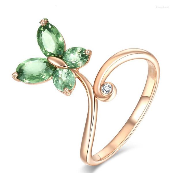 Anillos De Boda Chapado En Oro Rosa Cristal Verde Esmeralda Libélula Mariposa Diamante