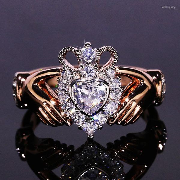 Alliances Or Rose Bicolore Tenant Amour Pierre Blanche Bague Femme Tempérament Mode