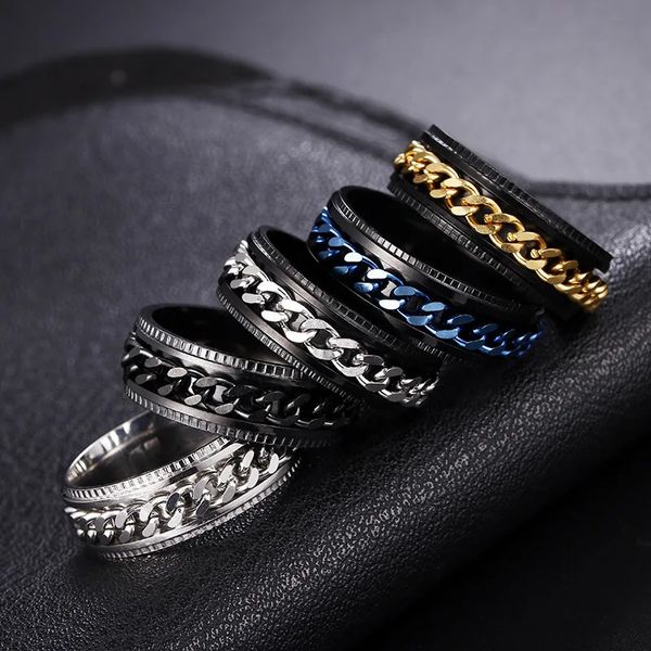 Anillos de boda Girar Ansiedad giratoria Anillos Fidget Cadena de acero inoxidable Spinner Anillo de dedo para hombres Azul Color Oro Negro Punk Rock 231205