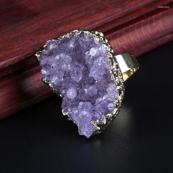 Anneaux de mariage Surface brute brute Amythests Purple Stone Perle Charme Pure Gold Base de couleur ouverte Bague réglable pour femmes unisexe 2023