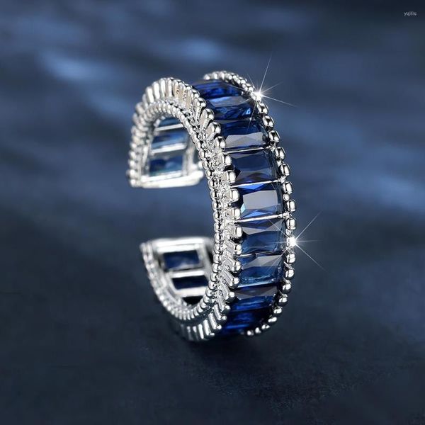 Anillos de boda azul real rosa blanco piedra roja rectángulo para Mujeres Hombres Color plata lujo apertura tamaño circón bandas joyería regalo