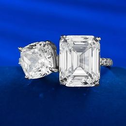 Anneaux de mariage S925 en argent sterling 2023 diamant de simulation européen et américain 8 10 mm rectangulaire mode boutique bague de fête 231117