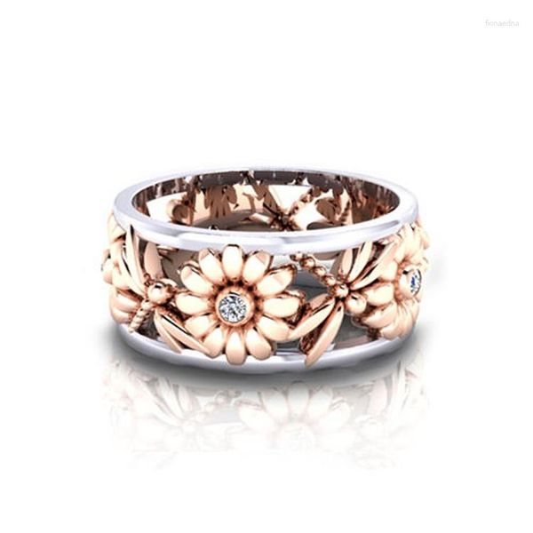 Anneaux de mariage S925 SterlingSilver Bague de marguerite de tournesol créative Or rose 18 carats Séparation de couleur Cadeau de Noël Style européen et américain