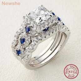 Trouwringen zij 3 stuks set voor vrouwen 925 zilver 2.6Ct prinses geslepen wit blauw AAAAA CZ luxe bruidsverlovingssieraden 231129