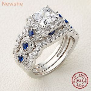 Anneaux de mariage elle 3 pièces ensemble pour les femmes en argent 925 2 6Ct coupe princesse blanc bleu AAAAA CZ bague de fiançailles de luxe nuptiale 230712