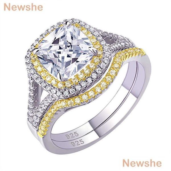 Anillos de boda She 925 Sterling Sier Halo Anillo de compromiso de color oro amarillo Alianza de boda Conjunto nupcial para mujeres 1 8Ct Corte cojín Aaaaa C Otifl