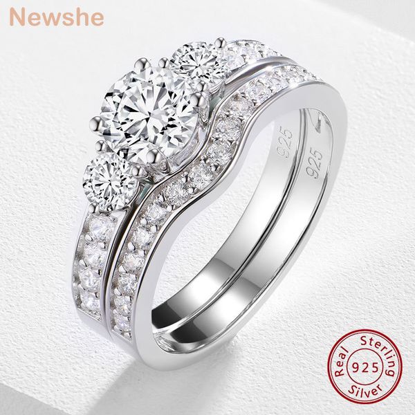 Anneaux de mariage elle Ensemble d'anneaux de mariage en argent sterling 925 massif pour femmes nuptiales 3 pierres associées AAAAA CZ Bague de fiançailles Bijoux classiques 230715