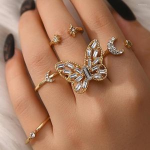 Anneaux de mariage brillant strass incrusté grand papillon en forme d'ensemble doré lune étoile combinaison ouverte pour les femmes de luxe