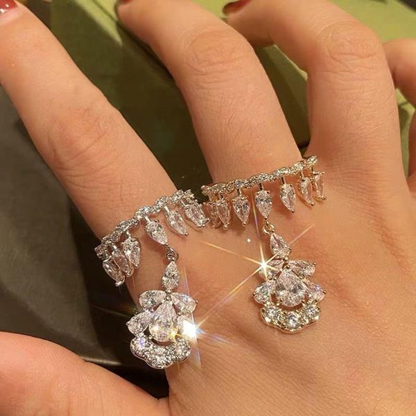 Anillos de boda con diamantes de imitación brillantes, colgante de mariposa de circón, joyería abierta redonda para mujer, anillo de dedo ajustable con gota de agua de cristal