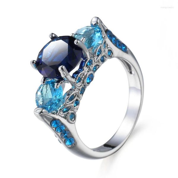 Anillos de boda Brillante Redondo Cubic Zircon Crystal Royal BlueOcean Blue Jewellry CZ Marquesa Piedra Flor Anillo de Compromiso para Mujeres Regalo