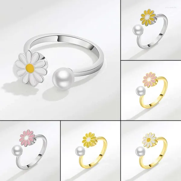 Anneaux de mariage Shuangshuo Perle Anxiété Bague Fidget Spinner Bague Anti-Stress Libération Tournesol Rotatif Bijoux Pour Femmes Cadeau