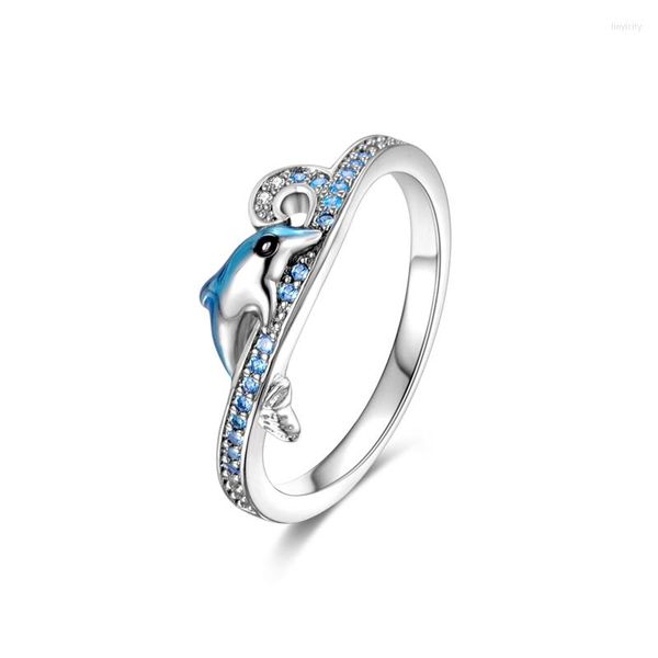 Anillos de boda Color plata serie azul océano delfín dedo para adolescentes anillo femenino diseño joyería regalo novia