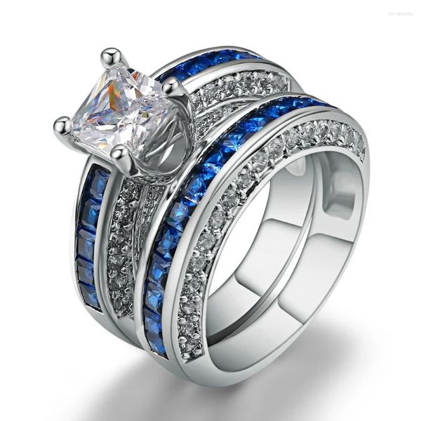 Anillos de boda Color plata Cuadrado Azul Zirconia Conjuntos de anillos para mujeres Hombres Diseño de lujo Moda Tamaño completo Joyería de moda al por mayor R693
