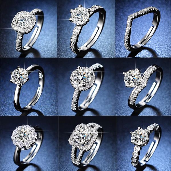 Anillos de boda Plata para mujer Corte redondo Zirconia Diamante Anillo ajustable Banda Compromiso Joyería nupcial Boda