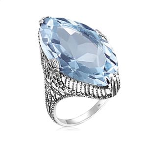 Anneaux de mariage SILVERCHAKRA solide 925 bague en argent Sterling Marquise aigue-marine anneaux pour les femmes 14*26mm grande pierre précieuse bijoux fleur sur mesure 231214