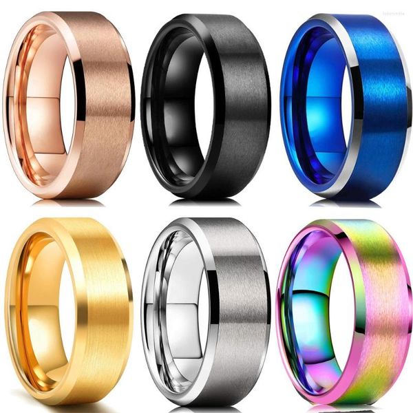 Anneaux De Mariage Simple 8mm Noir En Acier Inoxydable Pour Hommes Femmes 6 Couleurs Finition Mat Biseauté Poli Bord Bande Bijoux