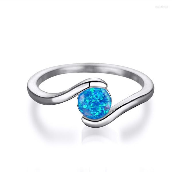 Anneaux De Mariage Simple Mode Pierre De Naissance Anneau Mince Bleu Opale De Feu Pierre Ronde Vintage Couleur Argent Pour Les Femmes Bande De Fiançailles