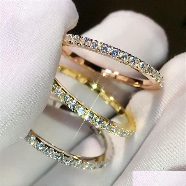 Anneaux de mariage Fashion simple Sweet mignon bijoux 925 Sterling Sier Rose Gold Fill Pave White Sapphire CZ Diamond Women Band de mariage Ri Dhbjf