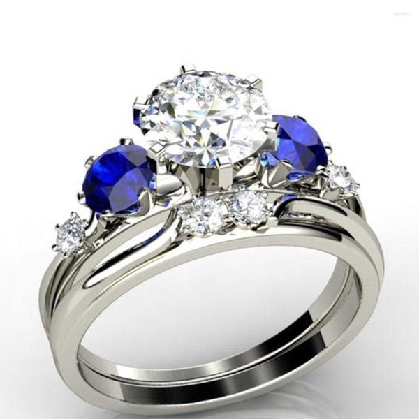 Anillos de boda Simple femenino azul cristal anillo de piedra conjunto encanto color plata amor para mujeres vintage redondo circón compromiso