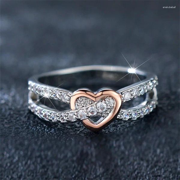 Anneaux de mariage Simple Femme Blanc Zircon Pierre Bague Rose Or Argent Couleur Coeur Fiançailles Pour Femmes Mignon Mariée Bijoux Cadeau