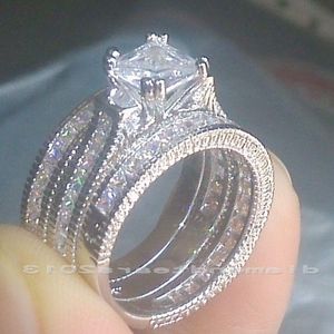 Wedding Rings Size 5-11 Fashion Jewelry Wholesale Princess Cut 14kt White Gold Filled CZ Simulated Stones Engagement Ring Set Gift