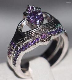 Anneaux de mariage taille 511 Choucong bijoux de mode 10KT or blanc rempli poire coupe 5A violet CZ femmes mariée Claddagh Couple anneau Gi4356443