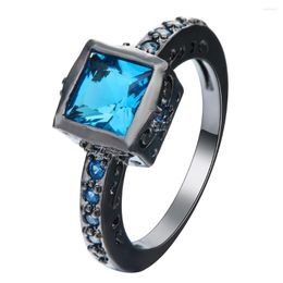 Wedding Rings Sky Blue Square Crystal Vintage Black Gun Promise For Love Fashion Jewelry Gift Tsjechische Zirkoon verlovingsring Vrouwen