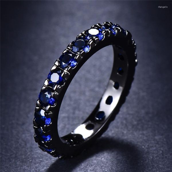 Anillos de boda Pequeño redondo azul cristal circón compromiso para mujeres vintage negro oro lleno cz anillo de piedra bandas femeninas joyería rita22