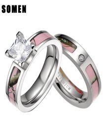 Anneaux de mariage Somen Rose Arbre Camo Inlay Titane Couple Bague Femmes Cubique Zircone Bande Hommes Fiançailles Bijoux Amant AllianceWeddi7641496