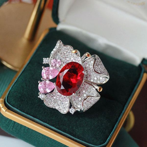 Anillos de boda Brillante Piedra Roja Mariposa Gran Cubic Zirconia Mujeres Joyería Cóctel Bodas Anillo Abierto Diseño Teatral