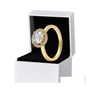 Anneaux De Mariage Étincelant Rond Halo Or Jaune Plaqué Anneau Femmes Filles Cadeau Avec Boîte D'origine Ensemble Pour Pandora 925 Sterling Sier Drop Dhggx