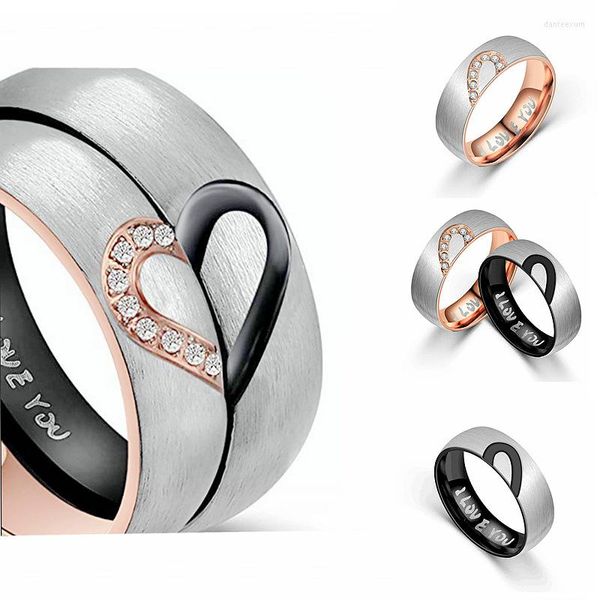 Anillos de boda de acero inoxidable amante esmerilado oro rosa negro CZ corazón pareja para Mujeres Hombres promesa regalo de aniversario