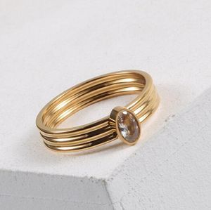 Anneaux de mariage en acier inoxydable couleur or pour femmes, anneau ovale en Zircon à trois couches