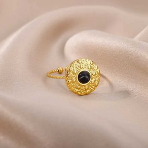 Bagues de mariage en acier inoxydable anneaux en pierre naturelle ouverts anneau de doigt de pierre ronde noire pour femmes cadeau de bijoux d'anniversaire vintage