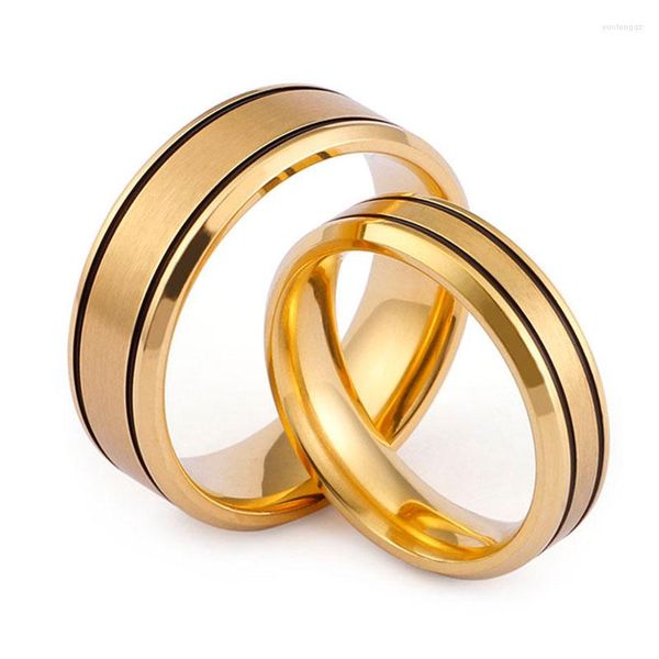 Anneaux de mariage Bague en acier inoxydable Golden Matte Fini Black Thin Line Couple Alliance Bijoux pour femmes et hommes