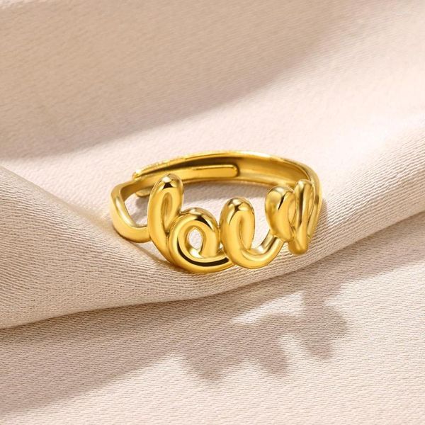 Anillos de boda Acero inoxidable Brillante Color dorado Letras Amor para mujeres Joyería Hojas Puntos cruzados Corona Corazones ajustables