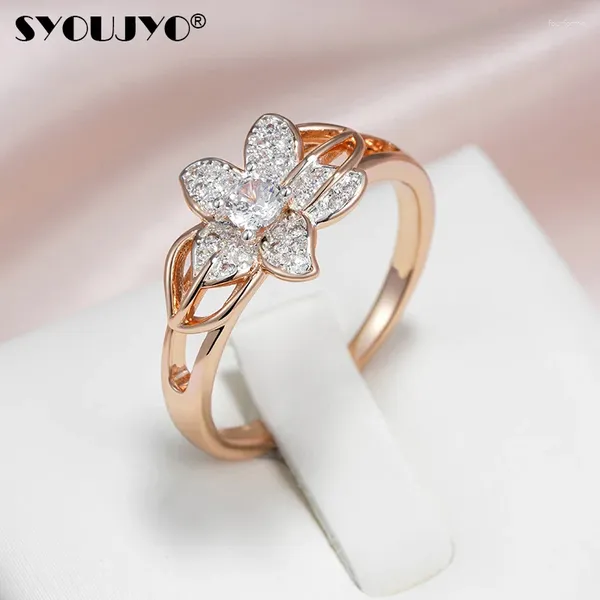 Anneaux de mariage Syoujyo 585 Rose Gold Couleur Fleur Forme Bague pour femmes Argent Plaqué Vintage Naturel Zircon Bijoux de mariée